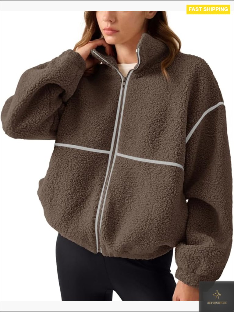 Fuzzy Sherpa Fleece Jacket Zip Up Oversized Crop Sweatshirt Long Sleeve Y2k